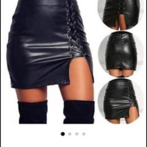 Black leather lace up mini skirt
